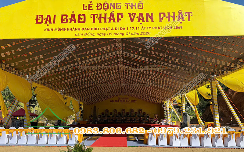 Cho thuê nhà bạt tổ chức lễ động thổ đại bảo tháp Vạn Phật chùa Đại Tùng Lâm Hoa Sen Cho thuê nhà bạt tổ chức lễ động thổ đại bảo tháp Vạn Phật chùa Đại Tùng Lâm Hoa Sen